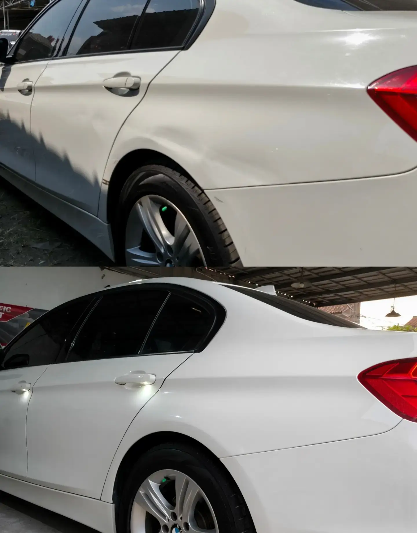 Perbandingan sebelum dan sesudah perbaikan baret dan penyok pada panel belakang BMW Seri 3